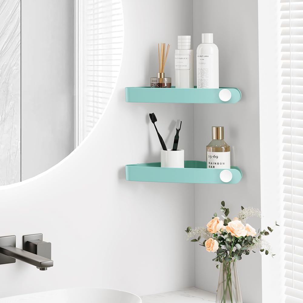 Sotfamily Shower Caddy Corner, 2 Pack Adhesive Corner Shower Shelves for Bathroom Organizers and Storage, Rust Free Plastic Rack for Bathroom Accessories & Decor, Turquoise