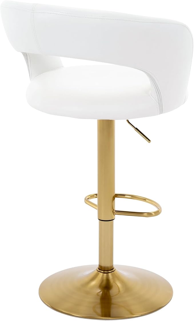 Brage Living Wide Bar Stool, Modern PU Leather Swivel Adjustable Barstool with Hollow Back and Arms, Upholstered Airlift Counter Height Bar Chair for Kitchen Dining (Pearl White, Gold Base)