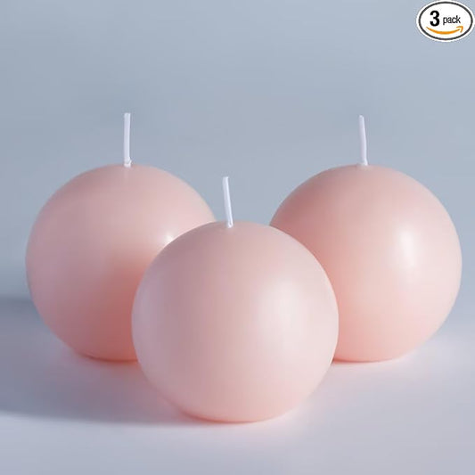 MOZEAL Hand-Poured, 3 Inch Pearl Blush Round Ball Candles - Elegant Pearl Blush Round Pillar Candles Set of 3, Dripless, Unscented, Smokeless, Ideal for Weddings and Elegant Celebrations.