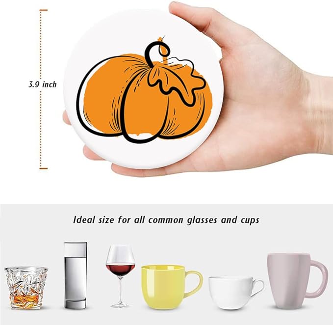 Fall Drink Absorbent Coasters with Holder Set of 6, Ceramic Stone with Cork Base, Orange Graphic Pumpkin Coaster for Drinks, Gift for Housewarming Room Bar Home Decor Kitchen