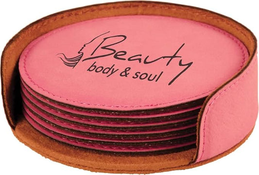 Custom Engraved Coasters | Personalized Leather Coaster | Set of 6 | Drink Coasters with Holder | Laser Engraved | Tabletop Protection | Gift for Couples (Round 4", Pink w/Black)