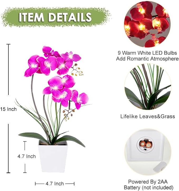 HOMESEASONS Orchid Lamp-LED Lighted Orchid Arrangements,Pre Lit Artificial Orchid,Light Up Flower Lights, Faux Orchid Phalaenopsis Arrangement (Purple)