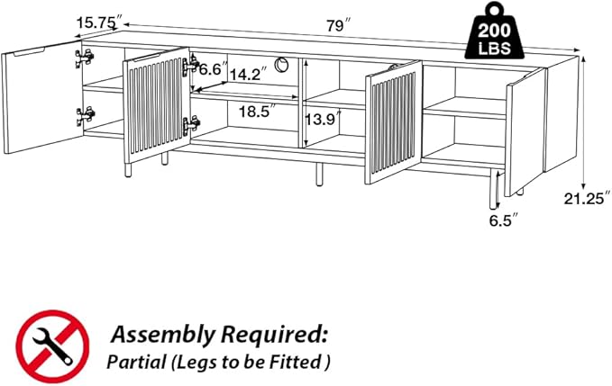 POVISON Mid Century Modern Sintered Stone TV Stand, Slatted Media Console TV Cabinet with Tall-cast Metal Legs, Fluted Entertainment Center with Storage, Fully-Assembled (Black, 78.74")