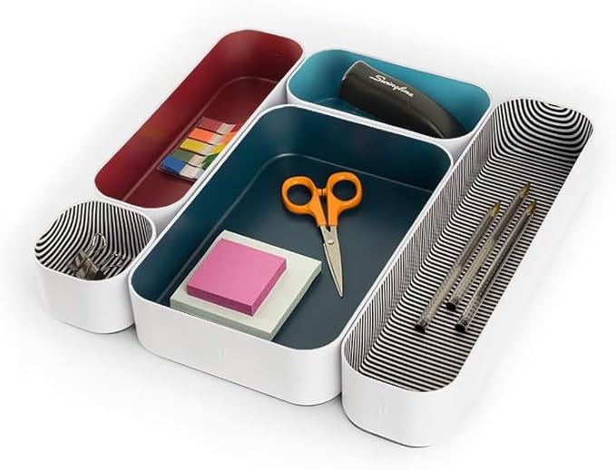 Three by Three Seattle 5 Piece Metal Organizer Tray Set for Storing Makeup, Stationery, Utensils, and More in Office Desk, Kitchen and Bathroom Drawers (2 Inch, Blue Berry and Stripes)