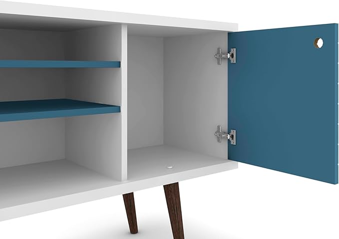 Manhattan Comfort Liberty Mid Century Modern TV Stand for Televisions up to 50 Inches, Bedroom and Living Room Entertainment Center with Storage, Shelves, and Cabinet, 53" Wide, White/Aqua