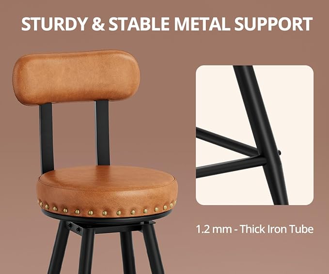 IRONCK Counter Height Bar Stools Set of 2, 26" Swivel Barstools with Backs, Hand-Riveted Design, Wide Seat, PU Leather Upholstered, Armless Bar Chairs for Kitchen Island, Brown