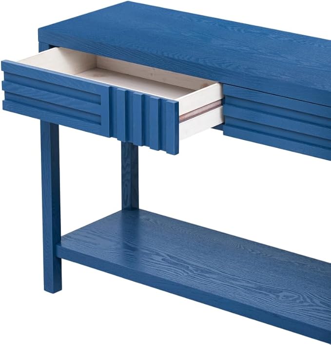 Mid Century Modern Console Table with Ash Veneer,Wood Fluted Entryway Table with Storage Drawers and Shelf for Entryway,Foyer,Living Room (Navy Blue)