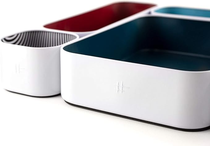 Three by Three Seattle 5 Piece Metal Organizer Tray Set for Storing Makeup, Stationery, Utensils, and More in Office Desk, Kitchen and Bathroom Drawers (2 Inch, Blue Berry and Stripes)