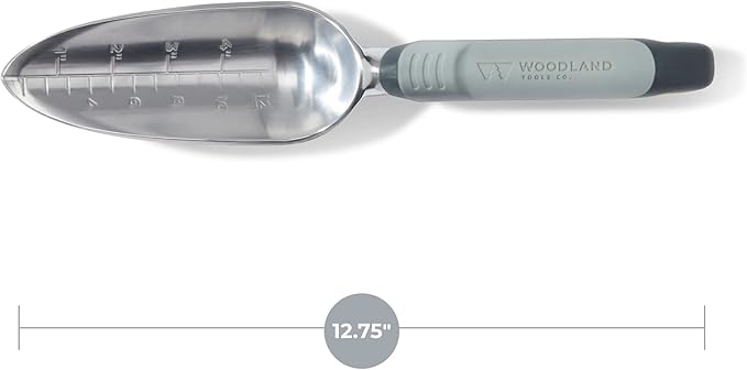 Woodland Tools Heavy Duty Garden Transplanter - Narrow Anodized Aluminum Hand Shovel with Depth Markings and Ergonomic Grip, Planting and Digging Tool for Soil, Flowers, Bulbs, and Raised Beds