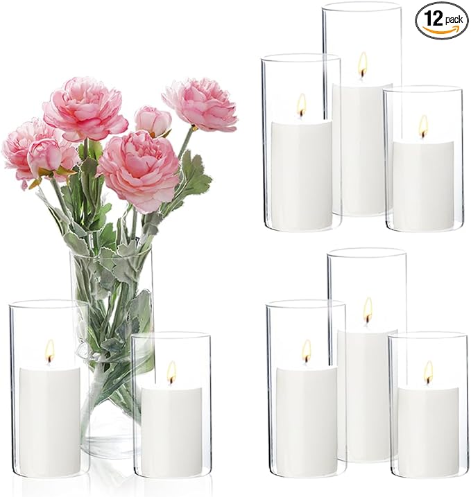 Set of 6 White Pillar Candles and Hurricane Candle Set, Clear Cylinder Vases Pillar Candle Holders for Pillar Candles, Glass Candle Holders for Party, Table, Home Decor, Wedding Centerpieces