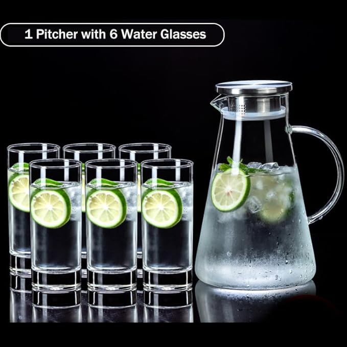 7-Pcs Glass Pitcher Set Jug with 6 Water Glasses Tumbler Cups Lid Carafe Jug with Spout Handle for Hot/Cold Tea Beverage