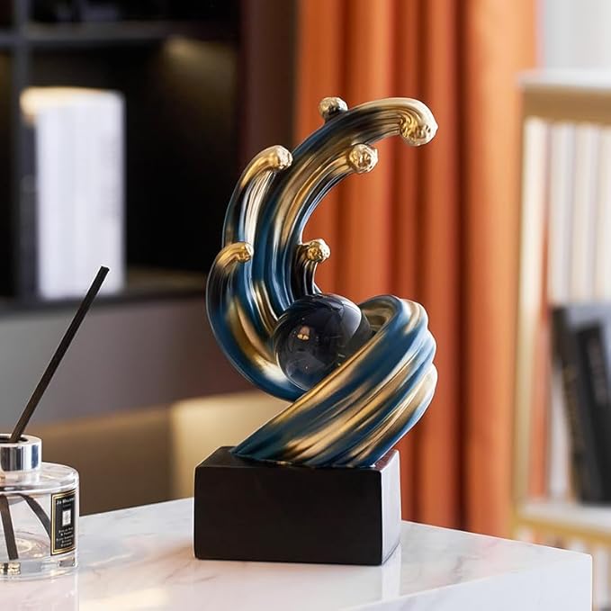 Modern Abstract Decorative Wave Statue, Blue Abstract Art Home Decor,Crystal Ball Art Wave Resin Sculpture, Office Desk Stand, Dining Table Center Decorative Aesthetics(B,Blue)