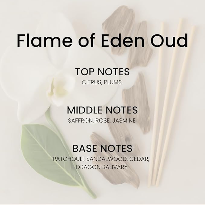 Flame of Eden Oud Reed Diffuser Set - Luxury Fragrance Reed Diffusers for Home, Office & Bathroom Décor - Long-Lasting Scent Sticks Diffuser with Non-Toxic Oils (5.63 oz)