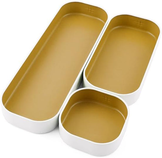 Three by Three Seattle 3 Piece Shallow Metal Organizer Tray Set for Storing Makeup, Stationery, Utensils, and More in Office Desk, Kitchen and Bathroom Drawers (1 Inch, Gold and White)