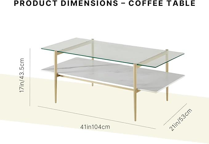 Shrine Rectangle Coffee Table, Mid-Century Modern Design, 2-Tier Structure, Clear Glass Top and White MDF Shelf, 41" D x 21" W x 17" H, Sleek Conical Metal Legs with Gold Finish