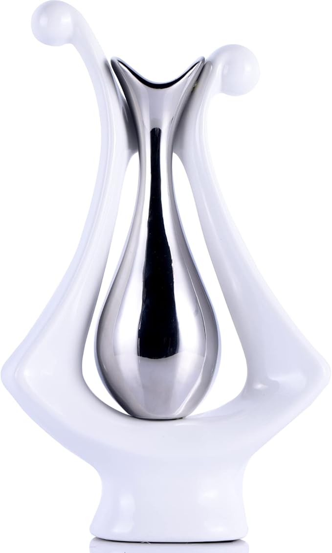 White Silver Abstract Art Ceramic Vases for Home Décor Accent,Nordic Modern Minimalist Vases for Flowers,Shelf,Table Centerpieces,Bookshelf,Fireplace Mantle,Rustic,Wedding,Mid Century Décor
