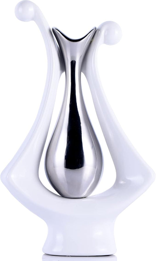 White Silver Abstract Art Ceramic Vases for Home Décor Accent,Nordic Modern Minimalist Vases for Flowers,Shelf,Table Centerpieces,Bookshelf,Fireplace Mantle,Rustic,Wedding,Mid Century Décor