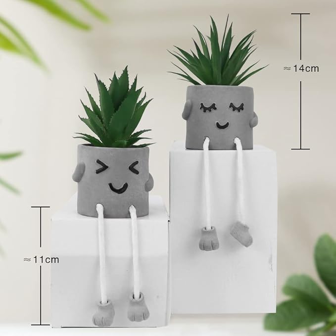 MAKHOT 4 Pcs Creative Artificial Succulent Plants with Cement Pot, Fake Small Plant for Desk Faux Succulents for Bathroom Decor, Mini Plants Succulent Cute Hanging Leg Potted for Office Shelf Decor