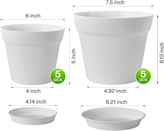 homenote Plant Pots,6/7.5 Inch Flower Pots for Plants Plastic Planters for Indoor with Multiple Drainage Holes and Trays, for All Home Garden Flowers Succulents,Outdoor(White,10 Pack)