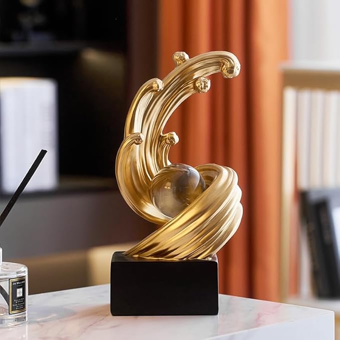 Golden Wave Resin Sculptures with Crystal Ball Decor - Modern Abstract Home Decor, Ideal for Dining Table Centerpiece, Bookshelf, TV Stand, Office Desk & Home Entryway (B,Gold)