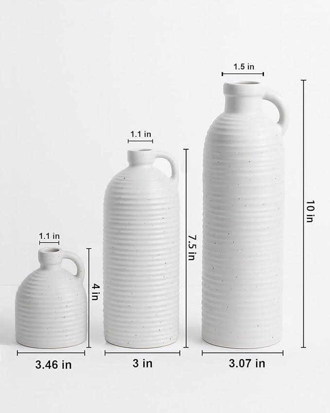 White Ceramic Vase Set of 3 with Handle – Ribbed and Dotted Jug Vases for Rustic Farmhouse Table Centerpiece, Shelf & Mantel Decor