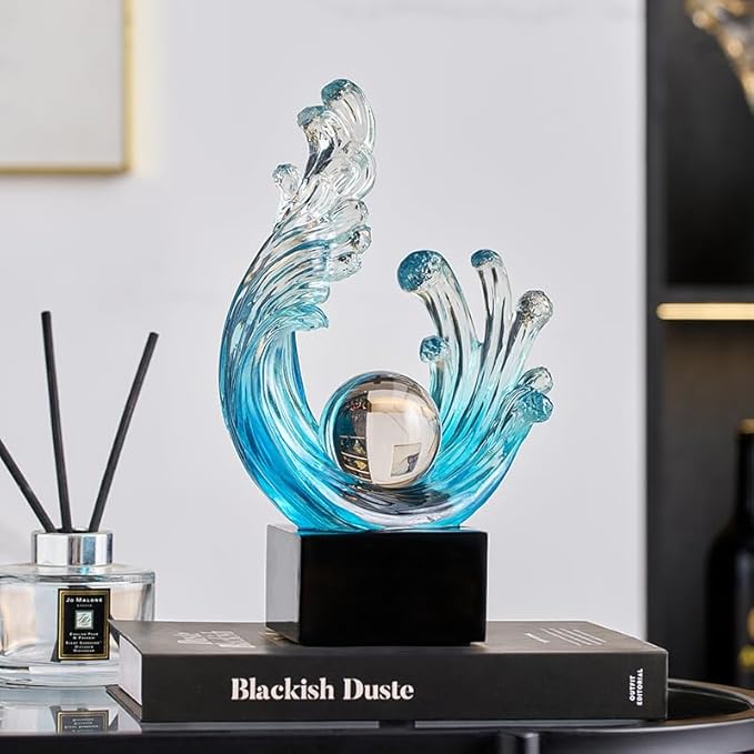 Modern Abstract Decorative Style Statue, Blue Abstract Art Home Decor,Crystal Circular Art Wave Resin Sculpture, Office Desk Stand, Dining Table Center Decorative Aesthetics (A,Light-Blue)