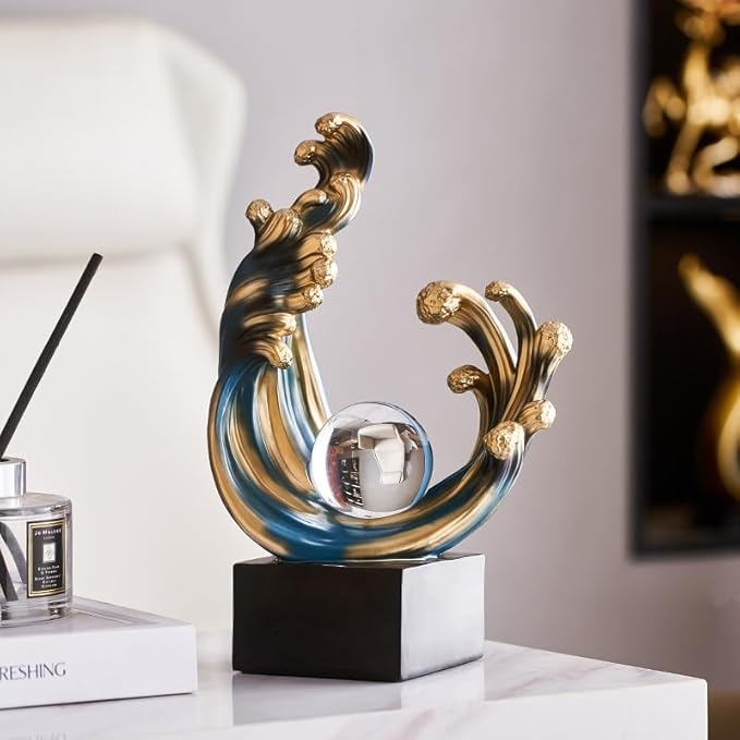 Modern Abstract Decorative Wave Statue, Blue Abstract Art Home Decor,Crystal Ball Art Wave Resin Sculpture, Office Desk Stand, Dining Table Center Decorative Aesthetics(A,Blue)