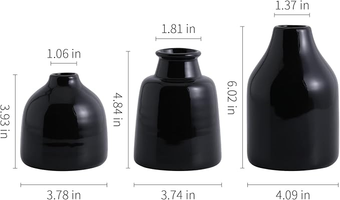 Black Small Vase Set of 3 for Modern Home Decor,Ceramic Vases for Centerpieces Flower Vases for Living Room Wedding/Dinner Table/Party-Black
