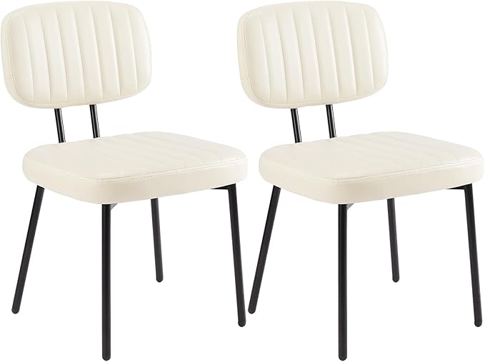 DUMOS Dining Chairs Set of 2, Upholstered Mid-Century PU Leather Accent Chair with Backrest and Metal Legs for Kitchen, Living Room, White