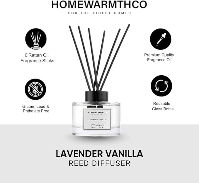 Lavender Vanilla Reed Diffuser Set - Luxury Fragrance Reed Diffusers for Home, Office & Bathroom Décor - Long Lasting Scent Sticks Diffuser with Non-Toxic Oils (5.63 oz)