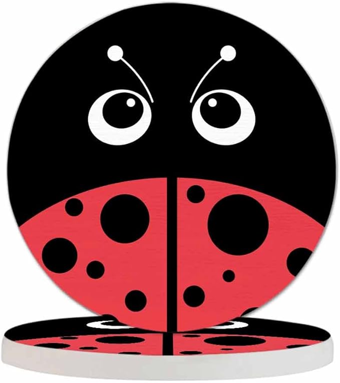 Cute Ladybug Round Coaster for Home Coffee Table Cartoon Insect Isolated Lovely Red Animal Farmhouse Drink Coasters 100% Diatomite 4''X 4''X 0.35'' Printed Pattern