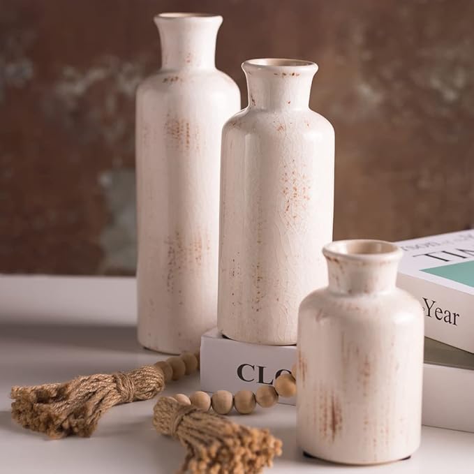 Ceramic Vase Set - 3 Small Vases,KAYLYNN Ceramic Vases for Rustic Home Decor, Living Room Decor, Table Décor, Bookshelf, Mantel Decor, Vases for Centerpieces, Vases for Flowers, Decorative