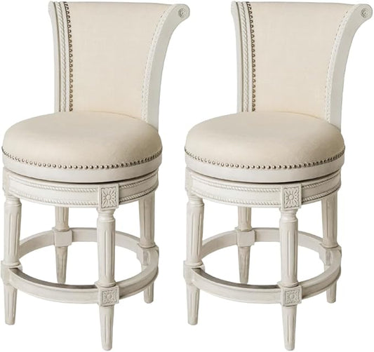Maven Lane Pullman Counter Stool 26 Inches – Set of 2 – Swivel Stools with Footrest – Cream Solid Wood Frame & Natural Fabric Upholstery – Perfect for Kitchen Islands & Counters