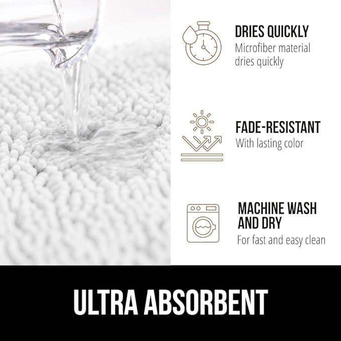 GORILLA GRIP Bath Rug Mat 48x17, Thick Soft Absorbent Chenille, Quick Dry Microfiber Mats, Rubber Backing Washable Shower Floor Rugs, Bathmat Runner, US Designed Bathroom Home Decor Accessories White