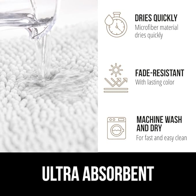 GORILLA GRIP Bath Rug Mat 42x24, Thick Soft Absorbent Chenille, Quick Dry Microfiber Mats, Rubber Backing Washable Shower Floor Rugs, Bathmat Runner, US Designed Bathroom Home Decor Accessories White