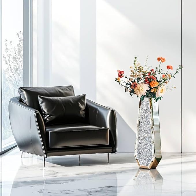 Mirrored Flower Vase Decorative: Crushed Diamond Glass Mirror Vase Large Luxury Bling Crystal Silver Hexagon Shaped Decor for Home Centerpieces, Won't Hold Water