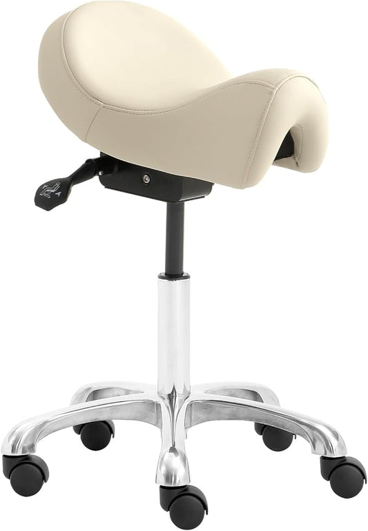 Saddle Stool with Wheels, Height Adjustable Ergonomic Rolling Saddle Chair for Salon Tattoo Shop Spa Home Dentist Clinic, Beige Saddle Stool