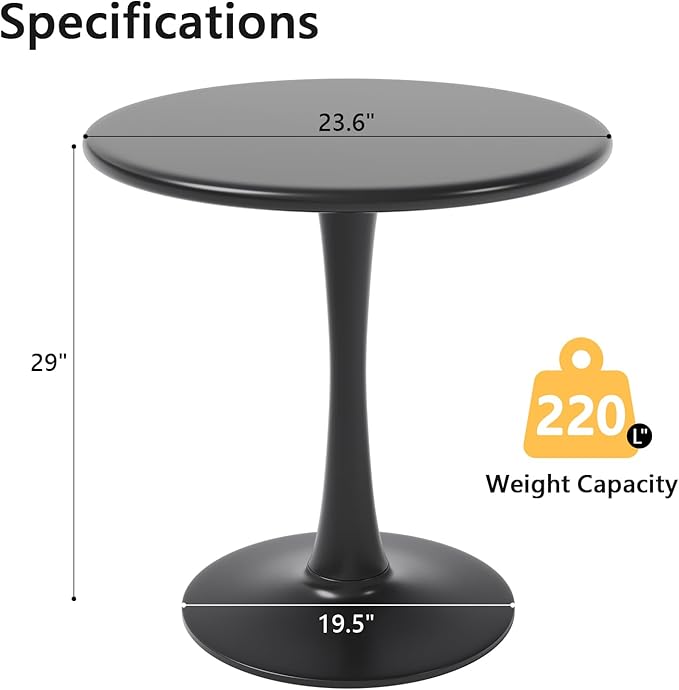 Black Small Tulip Table, 24 Inch Round Dining Table for 2 Person with Pedestal Base for Kitchen, Circle Bistro Table, Mid Century Modern Cafe Tables for Small Spaces in Living Room, Office, Pub, Bar