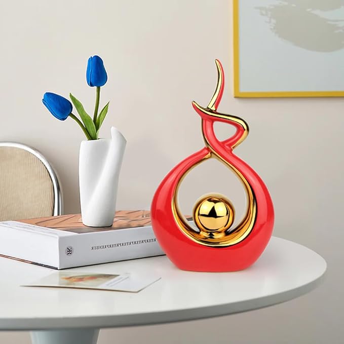 Norrclp Home Decor Modern Abstract Art Ceramic Statue Table Decorations for Dining Room Living Room Office Centerpiece (Red and Gold, Small)