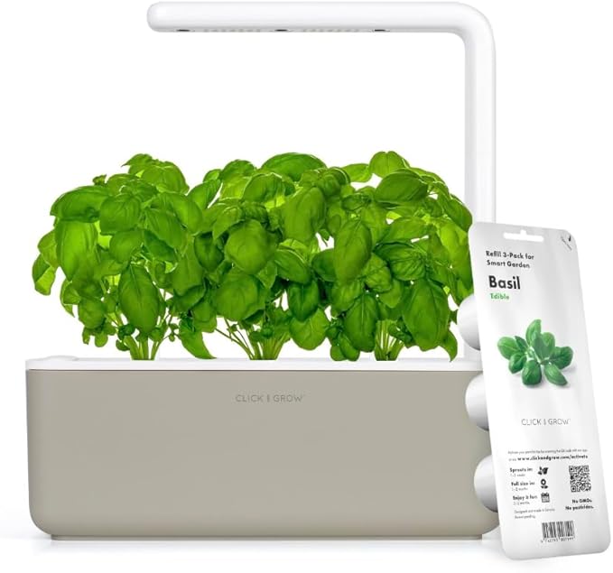 Click & Grow Smart Garden, 3 Pods Indoor Herb Growing System (3 Basil Pods Included)| Easier Than Hydroponics Growing System, Automatic Nutrients, Watering and Grow Light, Noise-free Technology, Beige