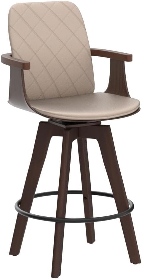 Bar Stools Set of 2, Upholstered Faux Leather Bar Height Bar Stools, Swivel Barstools with Wooden Arms and Legs (Beige, 30" Seat Height)
