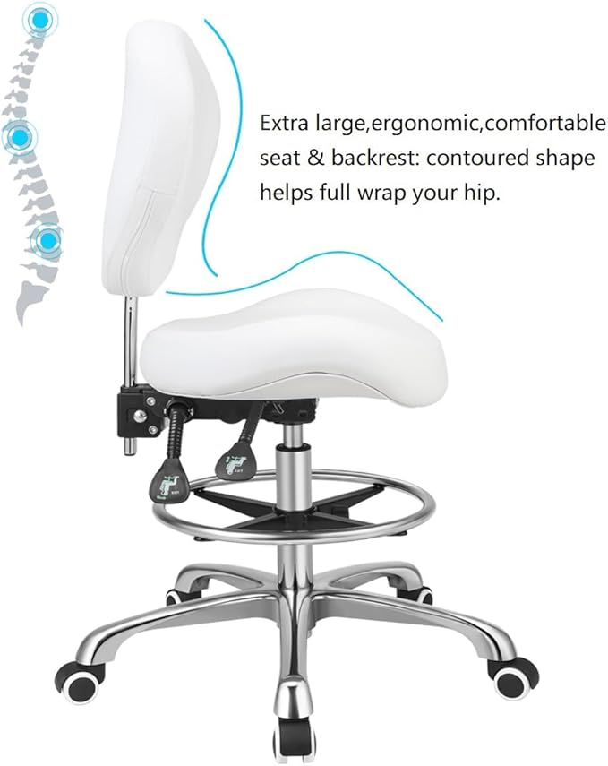 Kaleurrier Adjustable Height Drafting Stool Drafting Chair with Backrest & Foot Rest,Swivel Rolling Stools for Work Studio Dental Office Salon Kitchen Counter Tall Home Desk Chairs (White)