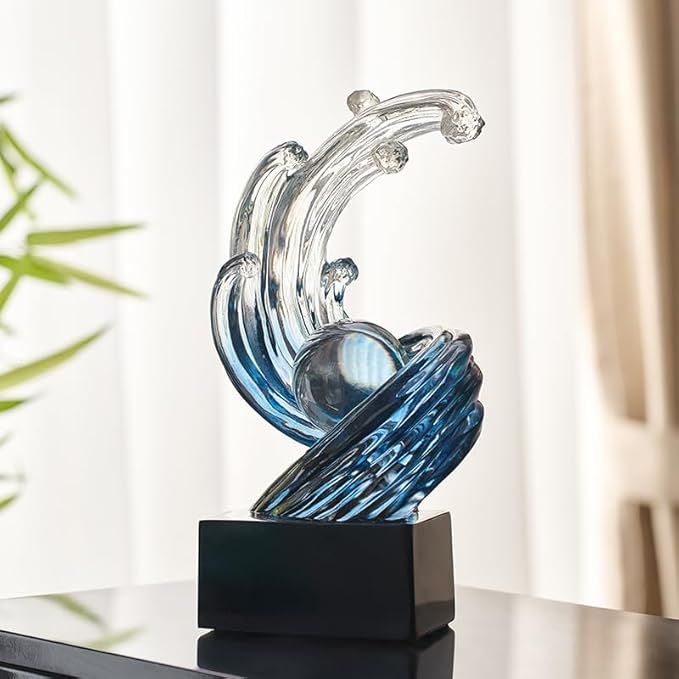 Modern Abstract Decorative Wave Statue, Blue Abstract Art Home Decor,Crystal Ball Art Wave Resin Sculpture, Office Desk Stand, Dining Table Center Decorative Aesthetics(B,Navy-Blue)