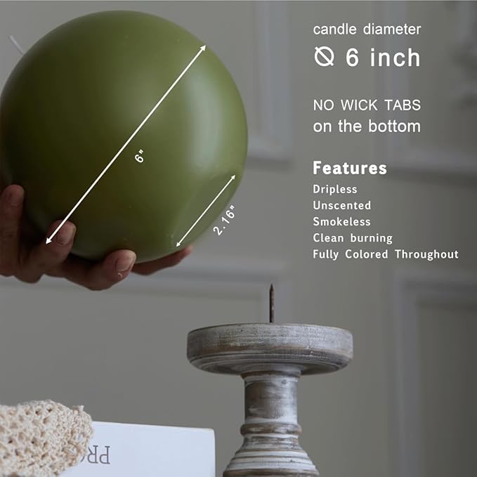 MOZEAL Hand-Poured, 6 Inch Olive Green Large Round Ball Candles - Elegant Olive Green Round Pillar Candles, Dripless, Unscented, Smokeless, Ideal for Autumn Gatherings.