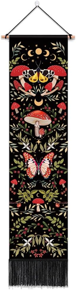 Mystical Long Tapestry Vertical Wall Hanging Cute Botanical Mushroom Moth Butterfly Bohemian Tapestry for Bedroom Aesthetic Moon Phase Plant Wall Tapestries with Tassels Black Room Decor 13x51 Inches