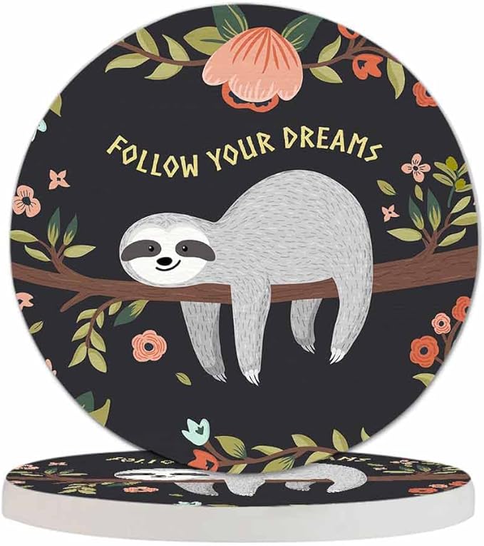 Cute Sloth Coasters for Drinks Office Coffee Table Follow Your Dreams Animal On The Tree Beautiful Wreath Living Room Decor Set of 2 for Cold Drinks Wine Mugs and Cups 4 Inch
