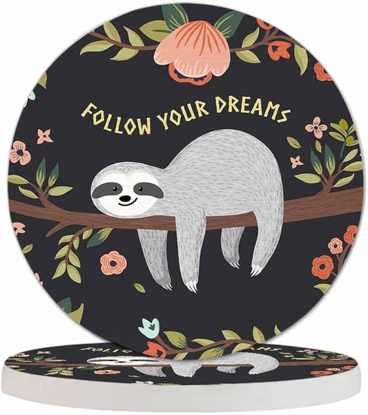 Cute Sloth Coasters for Drinks Office Coffee Table Follow Your Dreams Animal On The Tree Beautiful Wreath Living Room Decor Set of 2 for Cold Drinks Wine Mugs and Cups 4 Inch