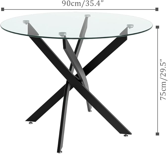 Glass Dining Table Modern Kitchen Table with Black Metal Legs 36 Inch Small Round Dining Table for Apartment Kitchen Dining Room