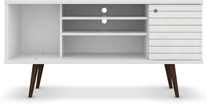 Manhattan Comfort Liberty Mid Century Modern TV Stand for Televisions up to 50 Inches, Bedroom and Living Room Entertainment Center with Storage, Shelves, and Cabinet, 53" Wide, White