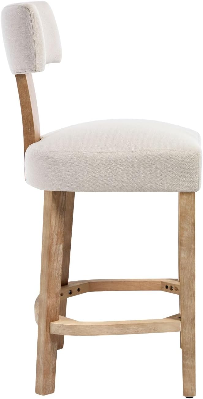 Linen Bar Stools Set of 4, Upholstered 27.7'' Counter Height Barstools with Curved Back, Farmhouse Wood Bar Chairs for Breakfast, Kitchen Island, Cafe, Beige